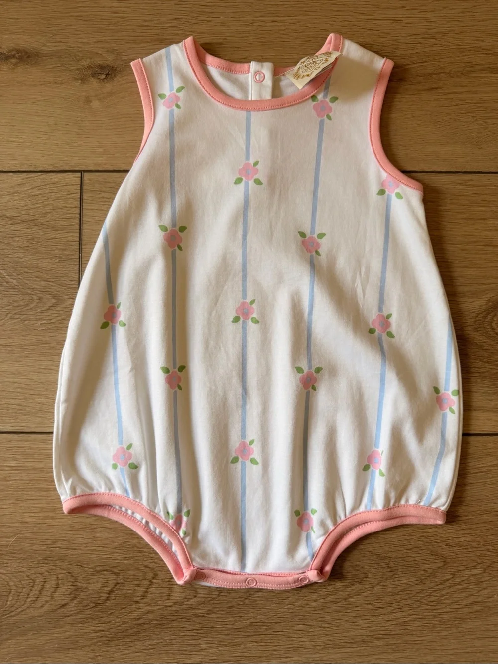 The Beaufort Bonnet Company White One-Piece with Pink Trim and Blue Stripes